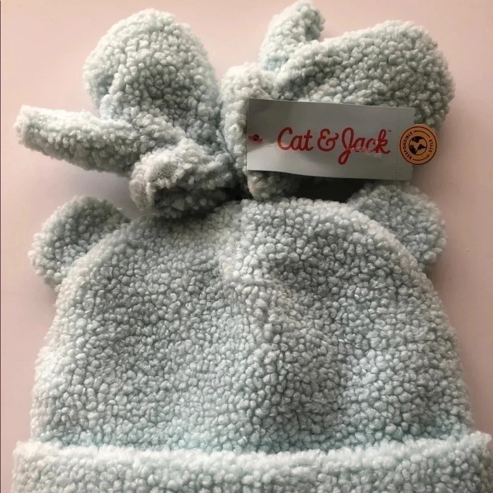 New Cat and Jack 12-24 months teal blue beanie hat and mittens set fleece